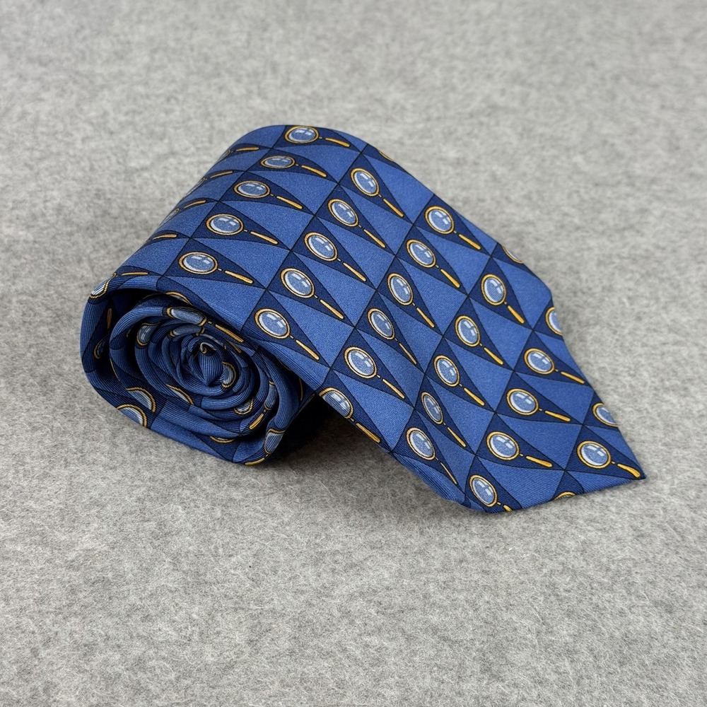 Vintage Gucci Italy Silk Tie Blue Magnifying Glass Novelty Necktie 57x3.75"